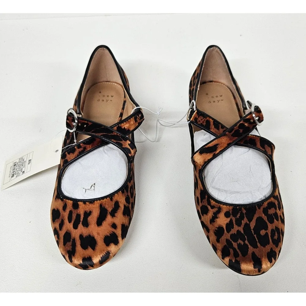 A New Day Womens Leopard Print Mary Jane Ballet Flats Crisscross Strap Brown 8.5
